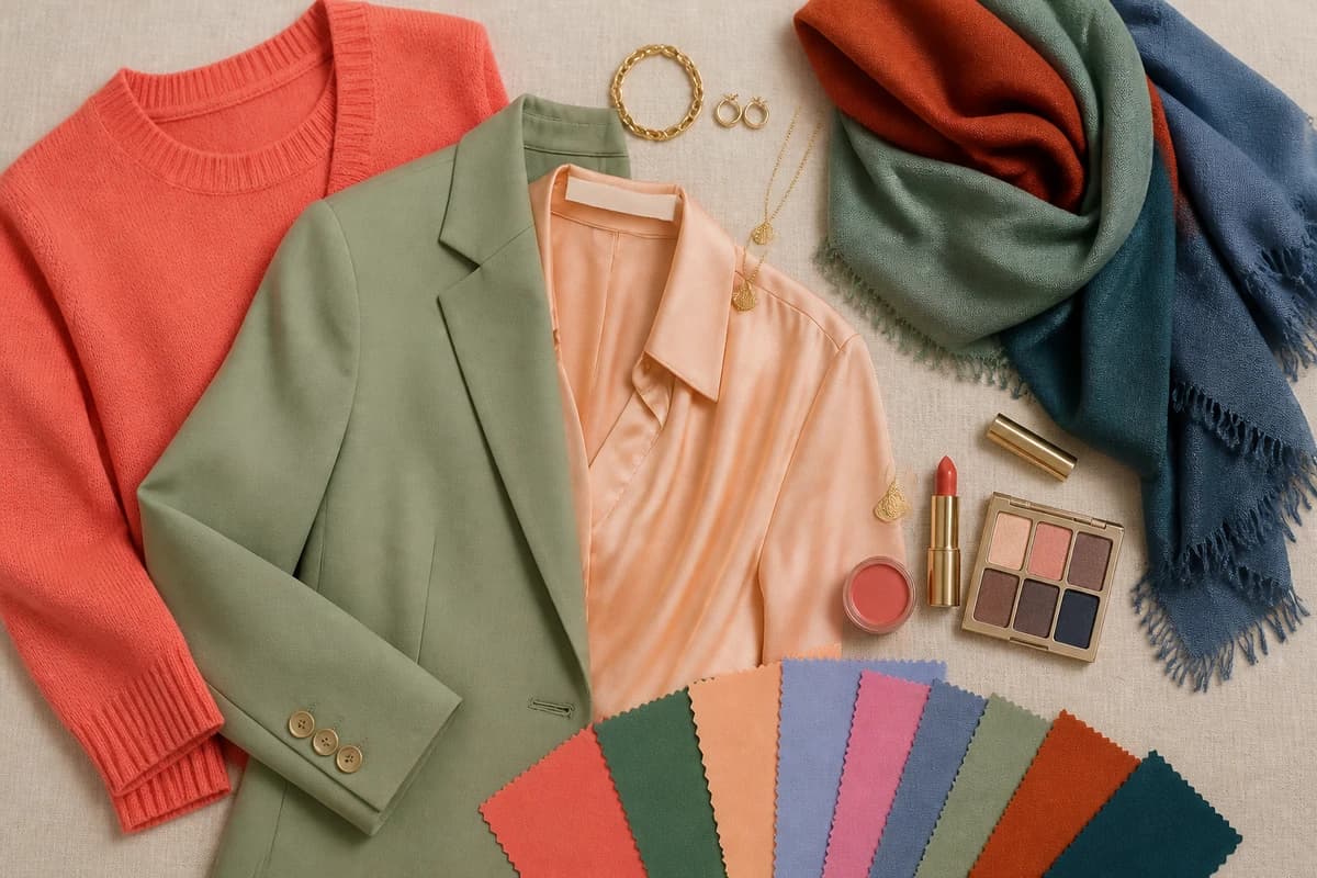Flatlay of twelve fabric swatches grouped into spring, summer, autumn and winter families showing the 12-season color system, by ToneLala