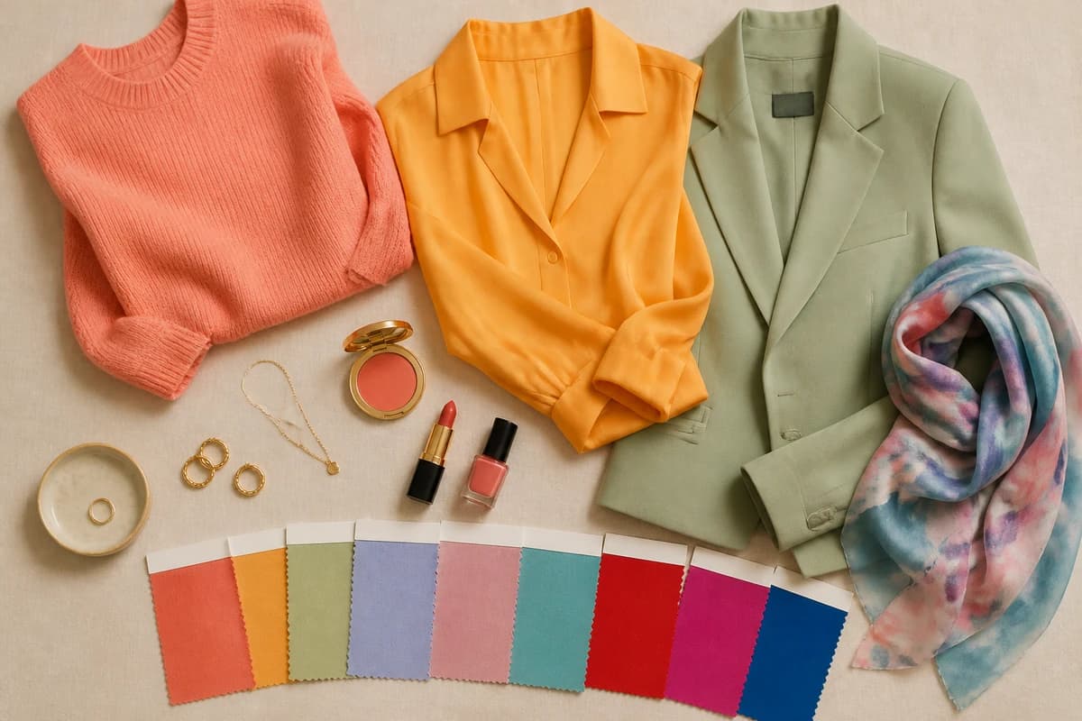 Flat-lay of swatch cards grouped into the four color families of the 16-season system, with fabric, jewelry and lip shades, by ToneLala