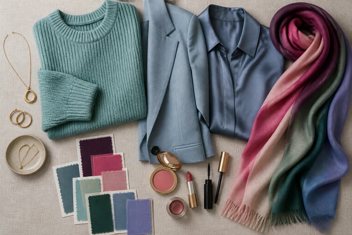 A flat-lay of the best colors to wear with ash brown hair, soft teal, dusty blue, plum, slate and cool rose pieces, by ToneLala
