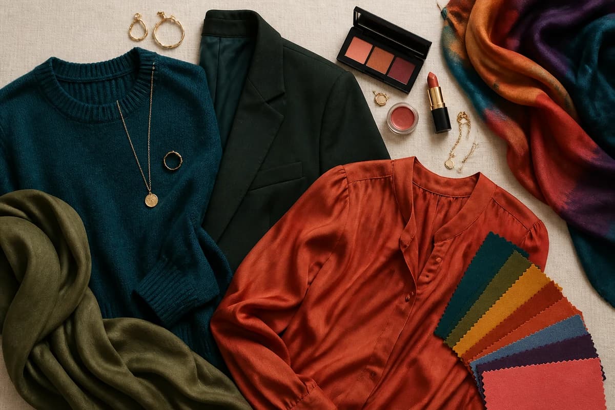 A flat-lay of colours to wear with auburn hair — teal, forest green, olive, rust, cream and denim-blue pieces, by ToneLala