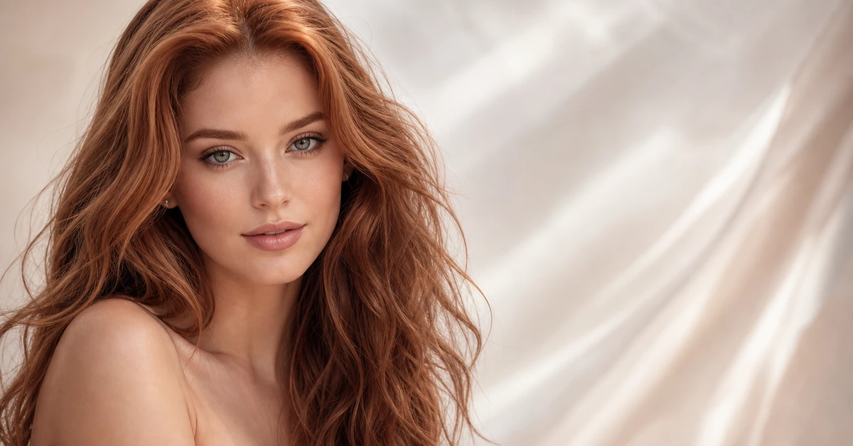 A woman with beautiful auburn hair wearing a teal top and warm earthy colours, by ToneLala