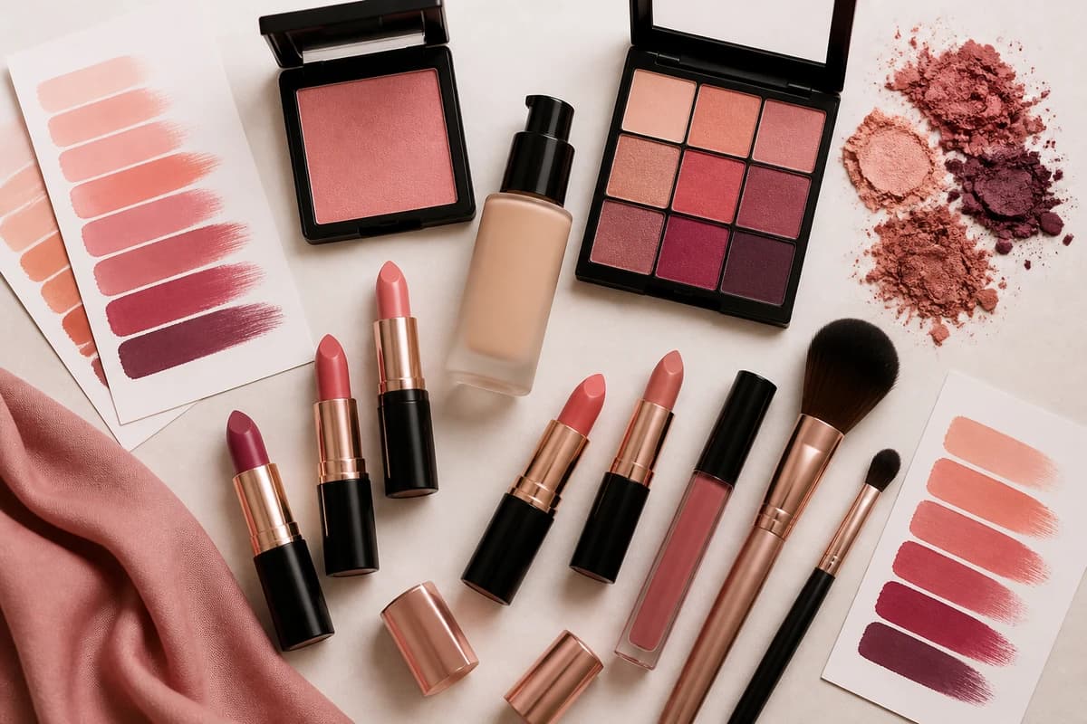A flat-lay of powder and cream blushes by skin tone, peach, apricot, coral, warm rose, soft pink, rose, raspberry, berry, plum and terracotta pans, by ToneLala