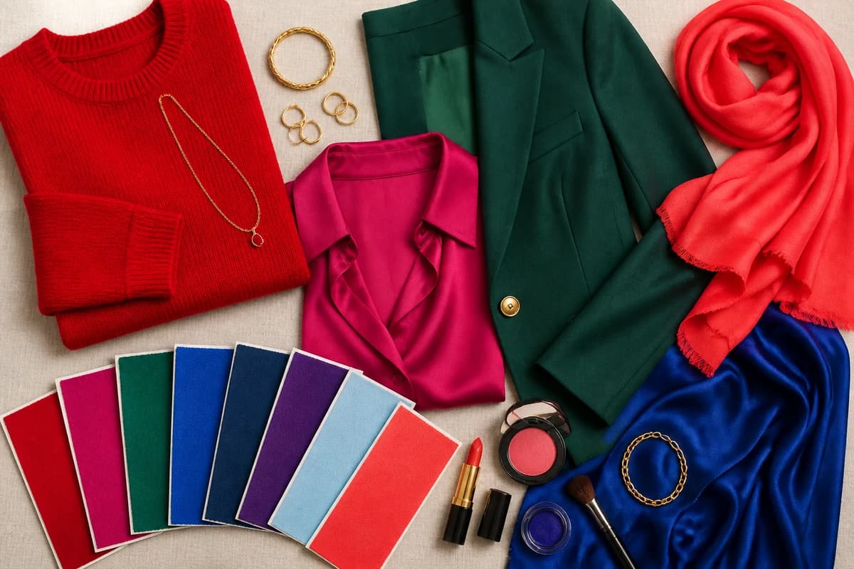 A flat-lay of the best colors for black hair, true red, emerald, sapphire, fuchsia, cobalt and crisp white pieces, by ToneLala