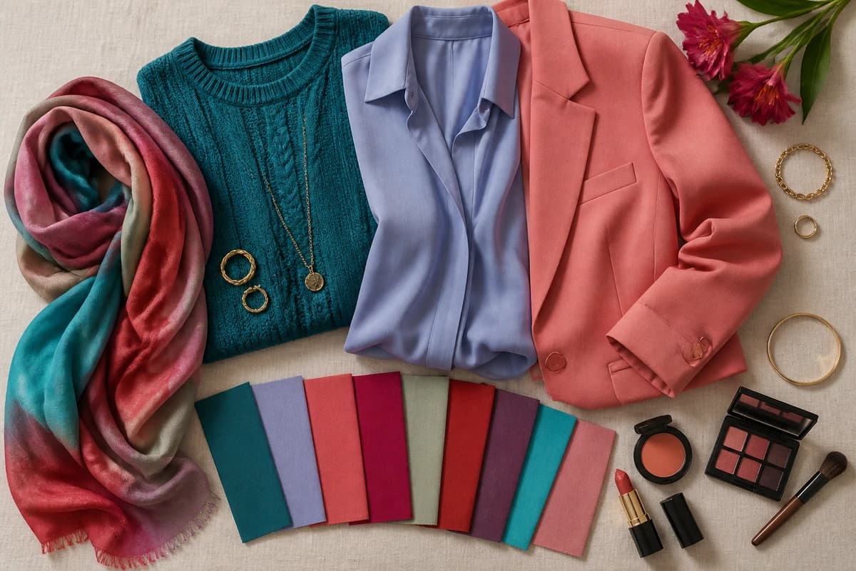 A flat-lay of the best colors for blonde hair, teal, periwinkle, coral, raspberry, sage and warm red pieces, by ToneLala
