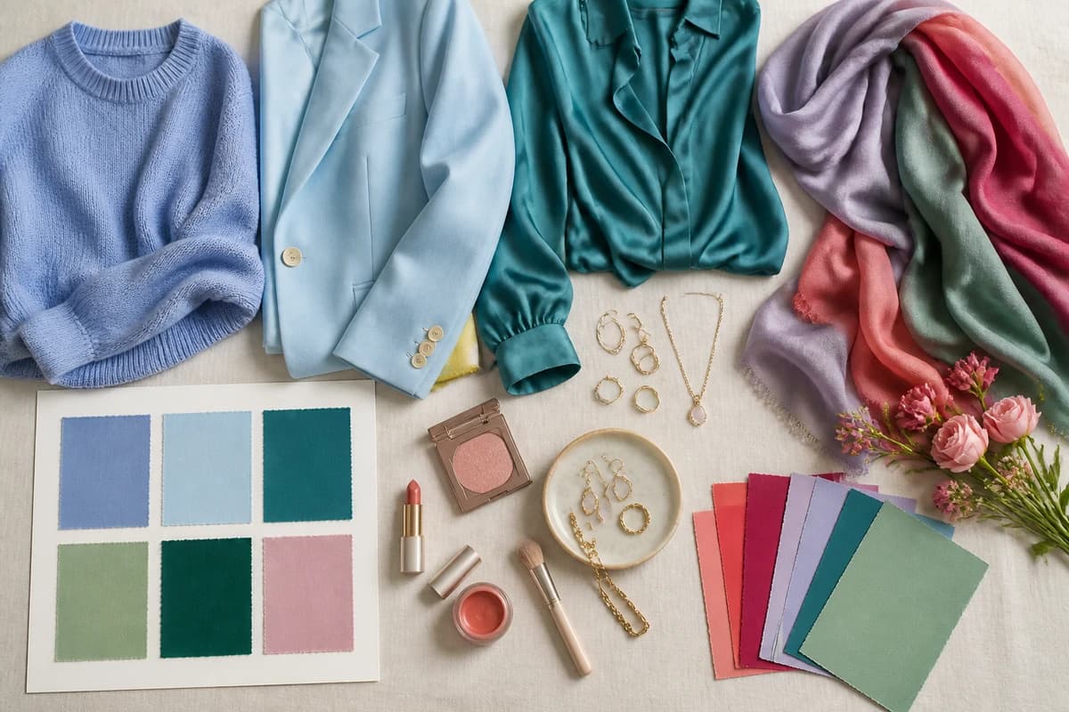 A flat-lay of the best colors for blonde hair and blue eyes, periwinkle, teal, coral, soft rose and sage pieces, by ToneLala