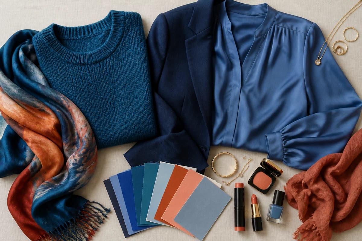 A flat-lay of the best colors for blue eyes, sapphire, teal, denim, rust and copper pieces with accessories, by ToneLala