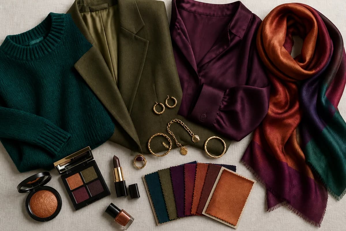 A flat-lay of the best colors for brown eyes, teal, olive, plum, rust, gold and cream pieces with accessories, by ToneLala