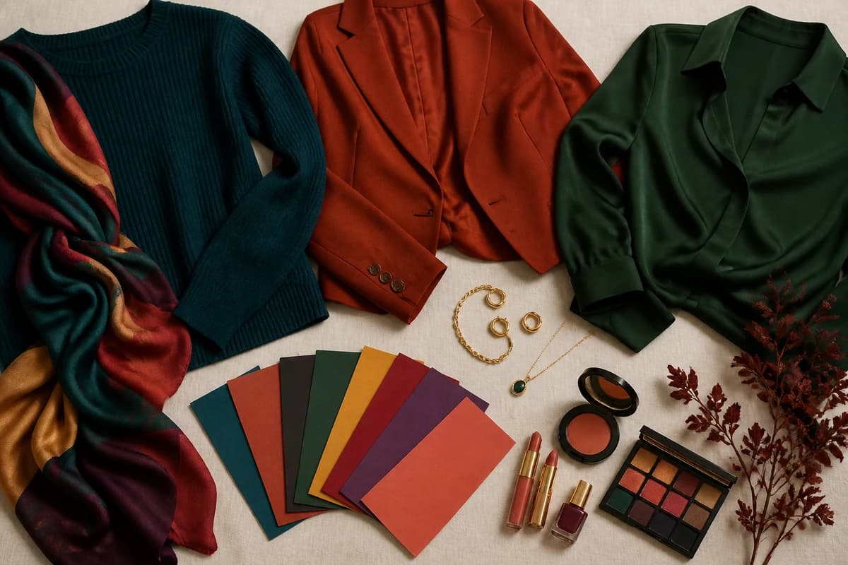 A flat-lay of the best colors for brown hair and brown eyes, teal, rust, emerald, plum, gold and cream pieces with gold jewelry, by ToneLala