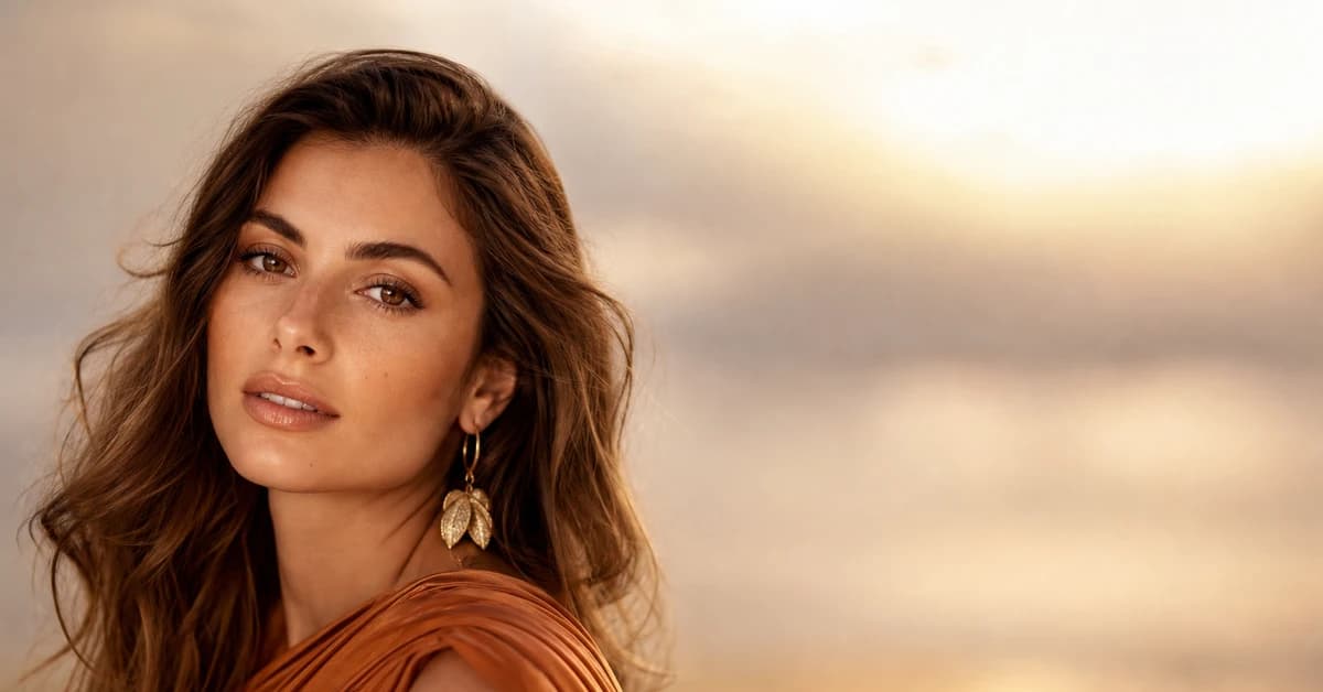 A woman with brown hair and warm brown eyes wearing a flattering teal top with gold jewellery, looking radiant, by ToneLala