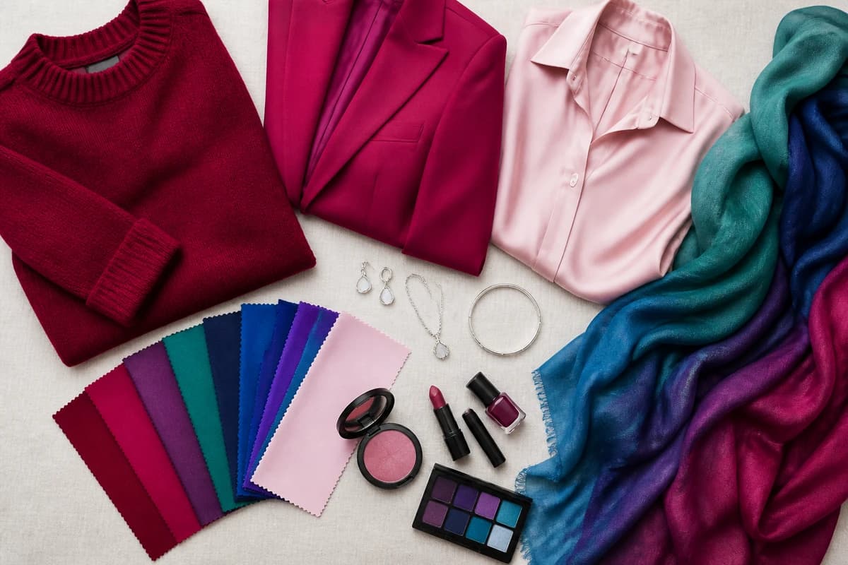 A flat-lay of the best colors for cool undertones, fuchsia, true red, emerald, sapphire and icy pink pieces with cool gray and silver accessories, by ToneLala