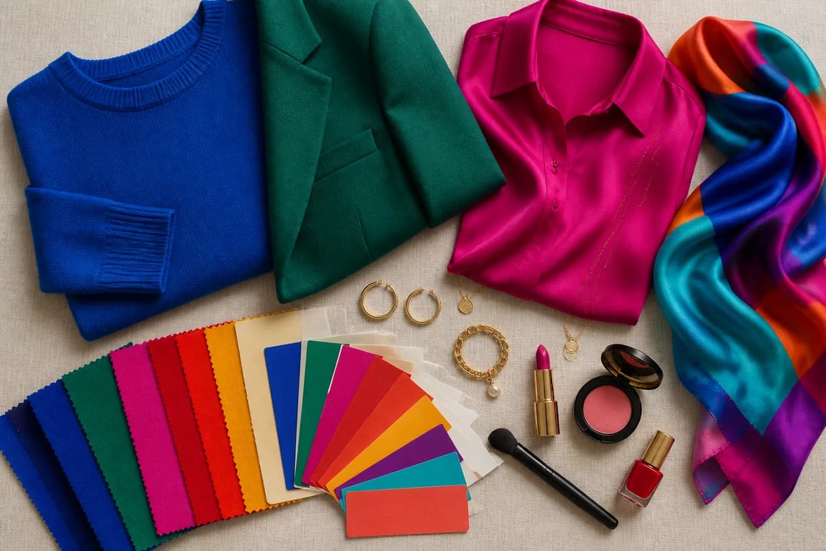A flat-lay of the best colors for dark skin, cobalt, emerald, fuchsia, true red and bright white pieces with gold accessories, by ToneLala