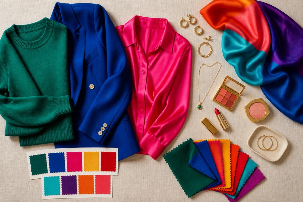 A flat-lay of the best colors for dark skin and brown eyes, emerald, cobalt, fuchsia, marigold and ruby, with cream and camel neutrals and gold jewelry, by ToneLala