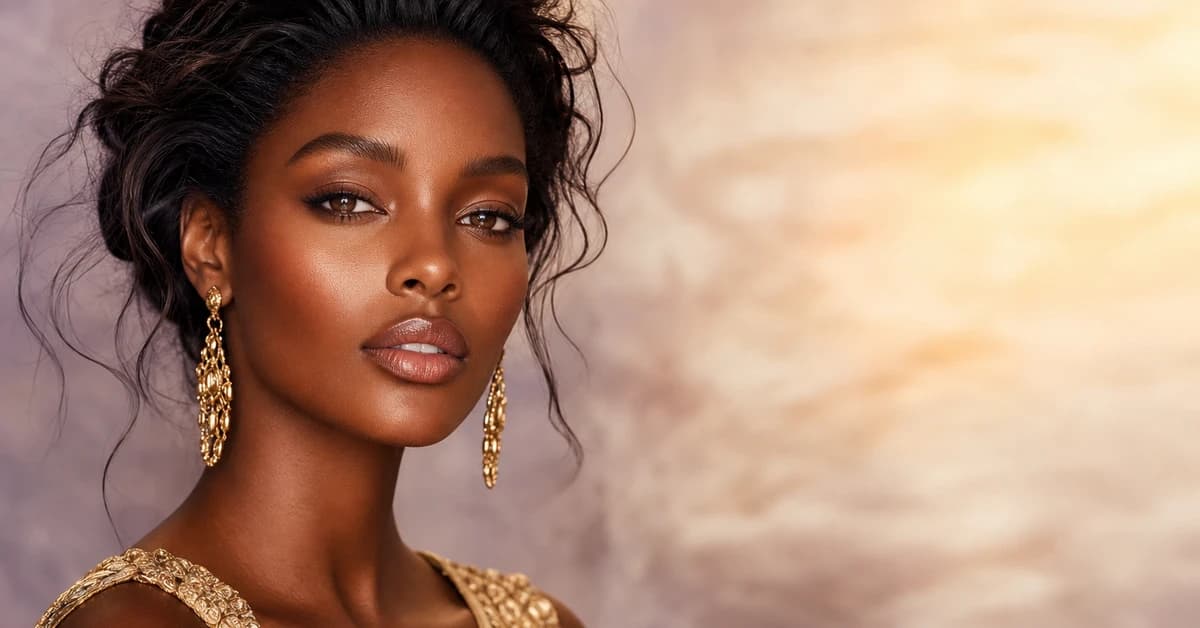 A woman with dark skin and warm brown eyes wearing a rich emerald top with gold jewellery, looking radiant, by ToneLala