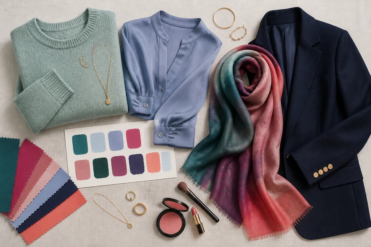 A flat-lay of the best colors for fair skin, teal, periwinkle, raspberry, soft white and camel pieces with gold and silver jewelry, by ToneLala