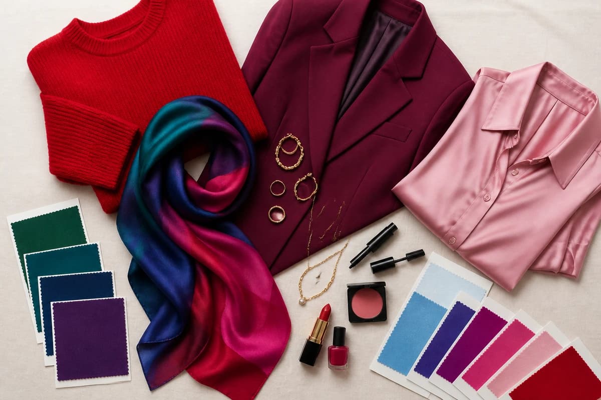 A flat-lay of the best colors for fair skin and dark hair, true red, emerald, sapphire, fuchsia, cool berry and crisp white pieces, by ToneLala
