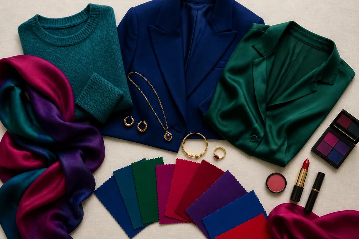 A flat-lay of the best colors for gray hair, teal, sapphire, magenta, emerald, charcoal and burgundy pieces, by ToneLala