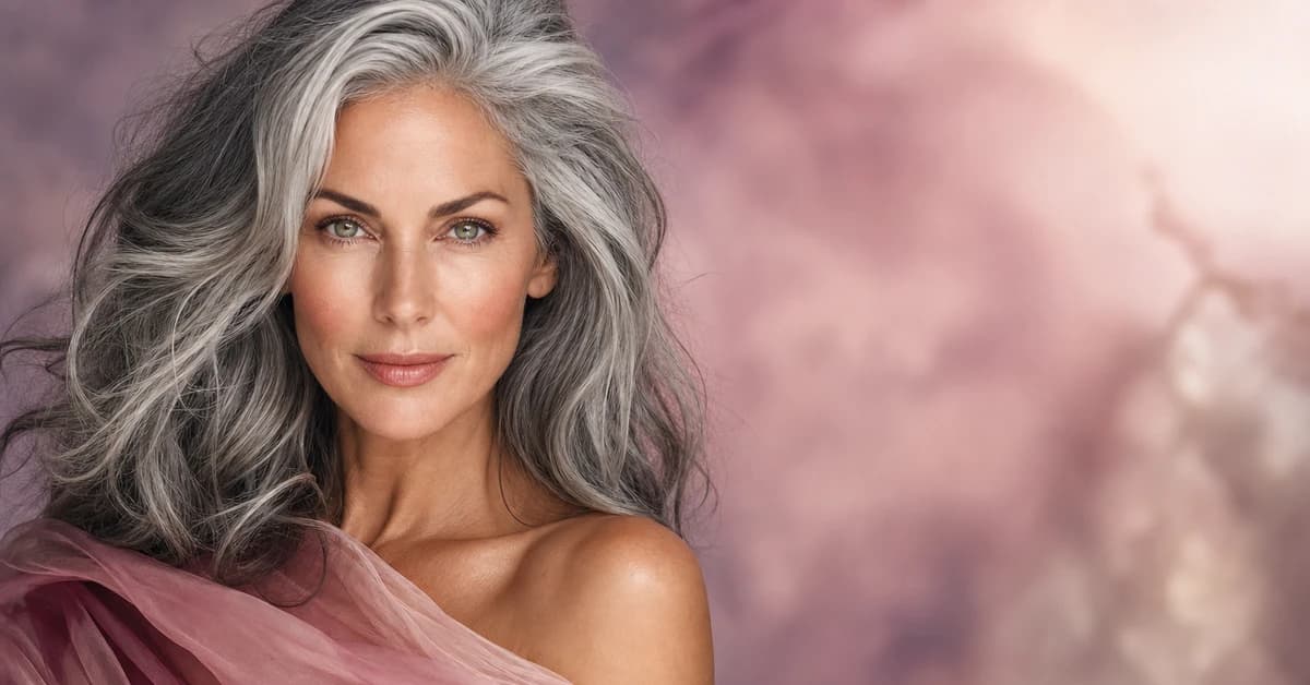 A woman with gray hair wearing a clear teal top and flattering jewel-tone colours, by ToneLala