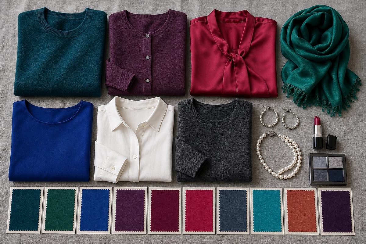 A flat-lay of colors for gray hair and olive skin, teal, plum, berry, emerald and cobalt knits with soft white and charcoal neutrals and silver jewelry, by ToneLala