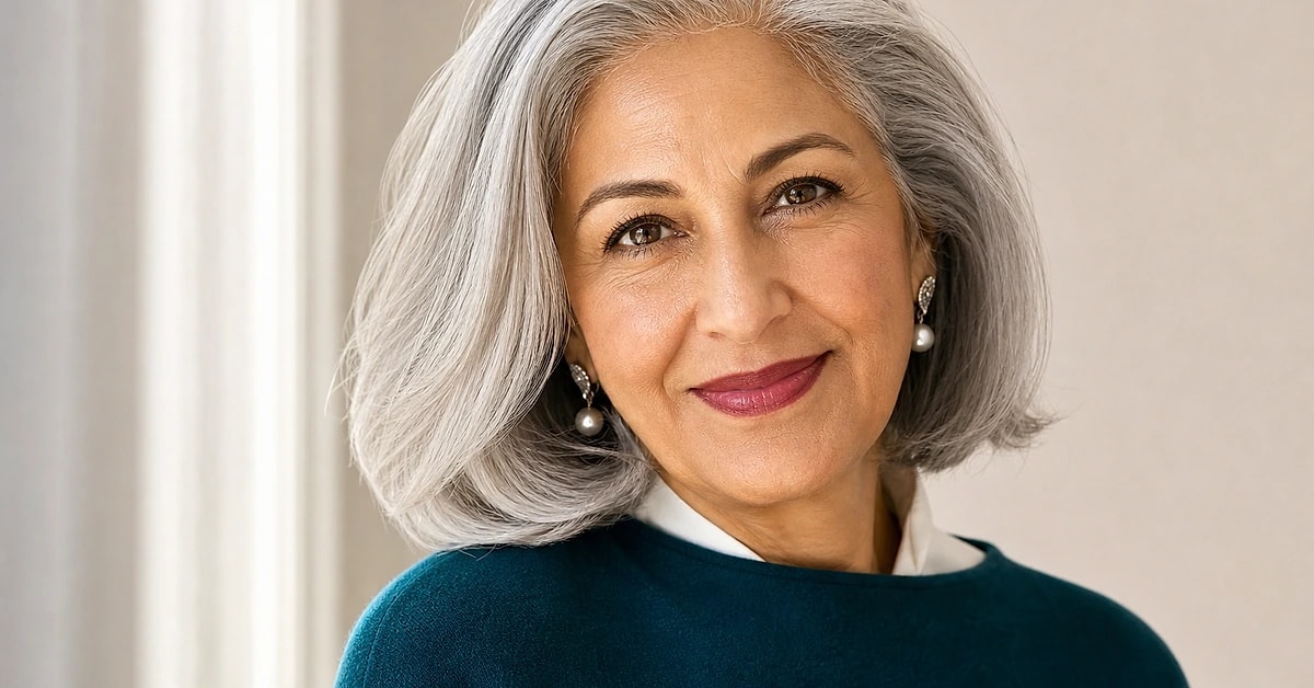 An elegant woman in her seventies with silver-gray hair and medium olive skin wearing a deep teal top and pearl earrings, glowing in soft daylight, by ToneLala