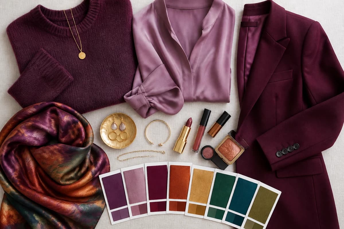 A flat-lay of the best colors for green eyes, plum, emerald, teal, copper and gold pieces with accessories, by ToneLala