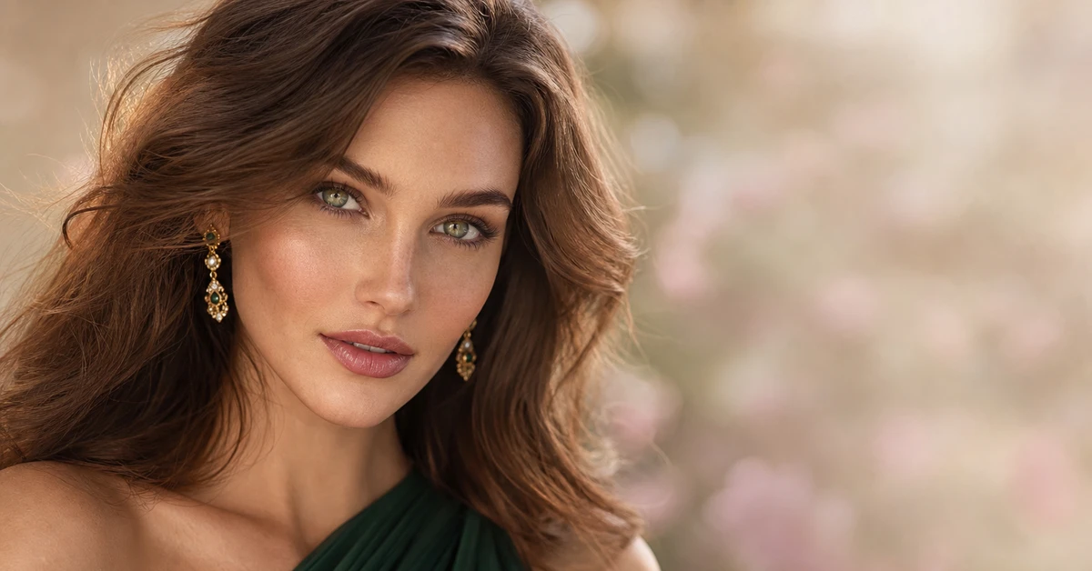 A woman with green eyes wearing a plum top that makes her eye colour pop — flattering colours for green eyes, by ToneLala