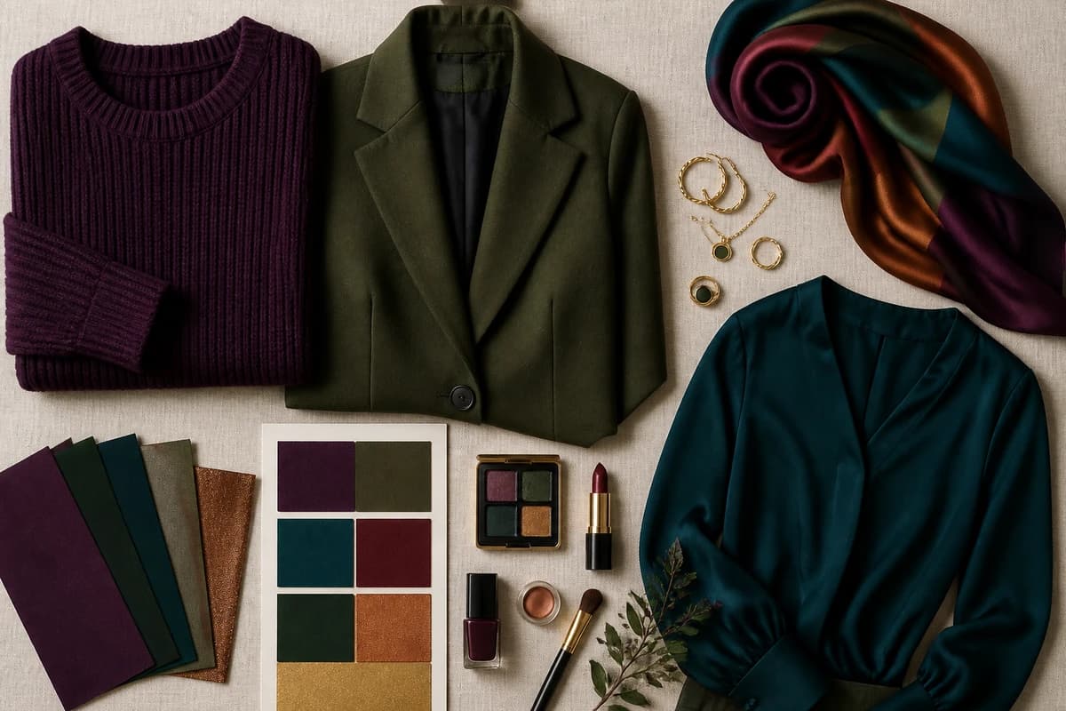 A flat-lay of the best colors for hazel eyes, plum, olive, gold, teal and cream pieces with accessories, by ToneLala