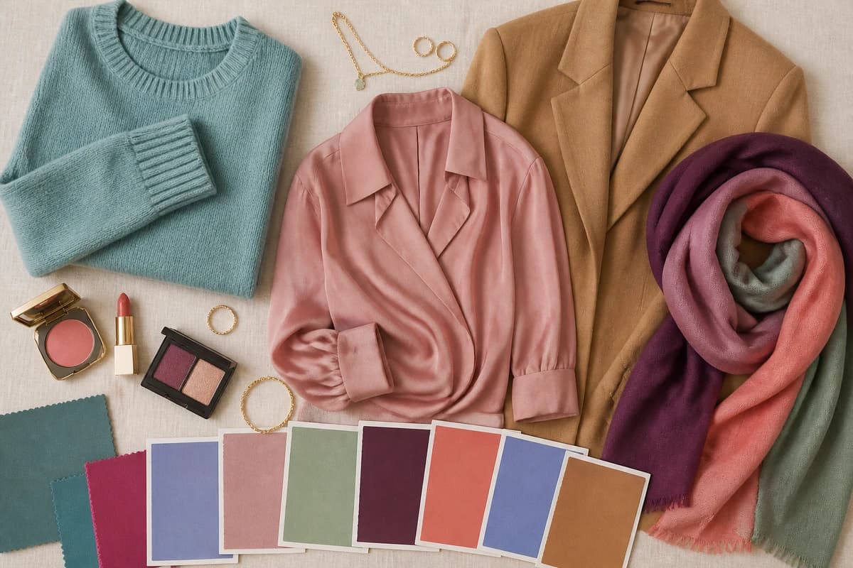 A flat-lay of the best colors for light skin, soft teal, raspberry, periwinkle, sage and plum with cream and soft navy neutrals, by ToneLala