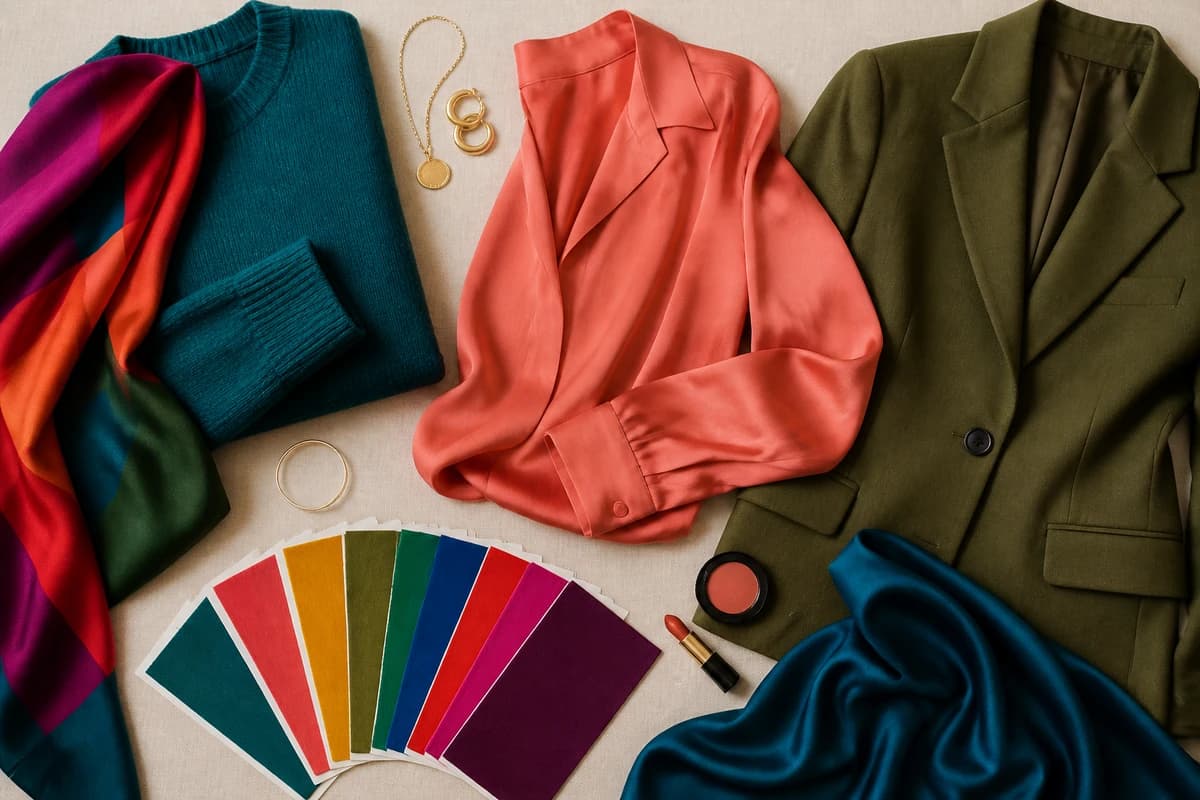 A flat-lay of the best colors for medium skin, teal, coral, marigold, emerald and plum with cream and camel neutrals, by ToneLala