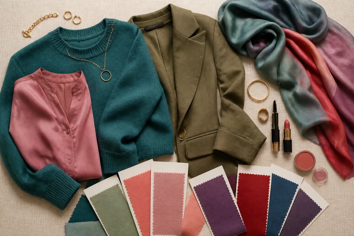 A flat-lay of the best colors for neutral undertones, teal, jade, soft coral, dusty rose, amethyst, true red, denim blue, soft plum, olive and aqua with cream, taupe, soft white, soft navy and stone neutrals, by ToneLala