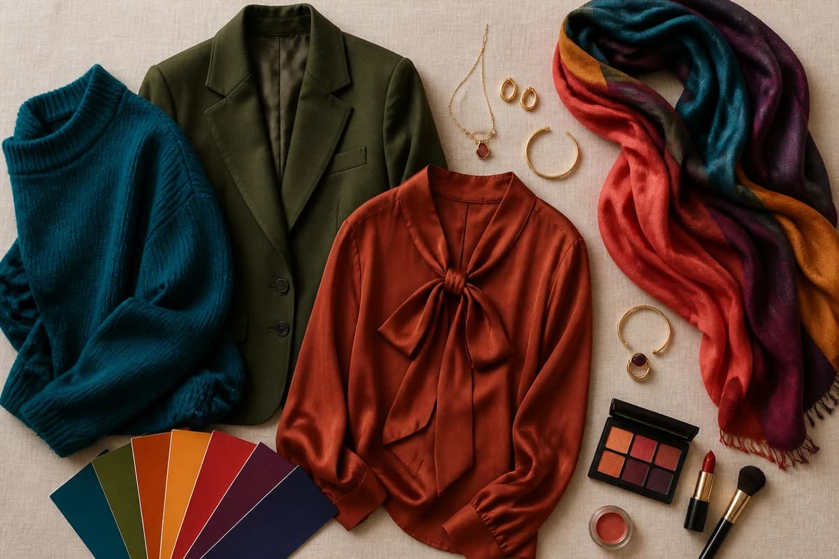 A flat-lay of the best colors for olive skin, teal, olive, rust, mustard and plum fabrics with cream and camel neutrals and gold jewelry, by ToneLala