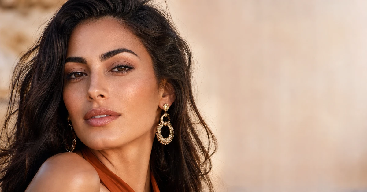 A woman with olive skin wearing a flattering teal top with gold jewellery, her complexion looking warm and lit, by ToneLala