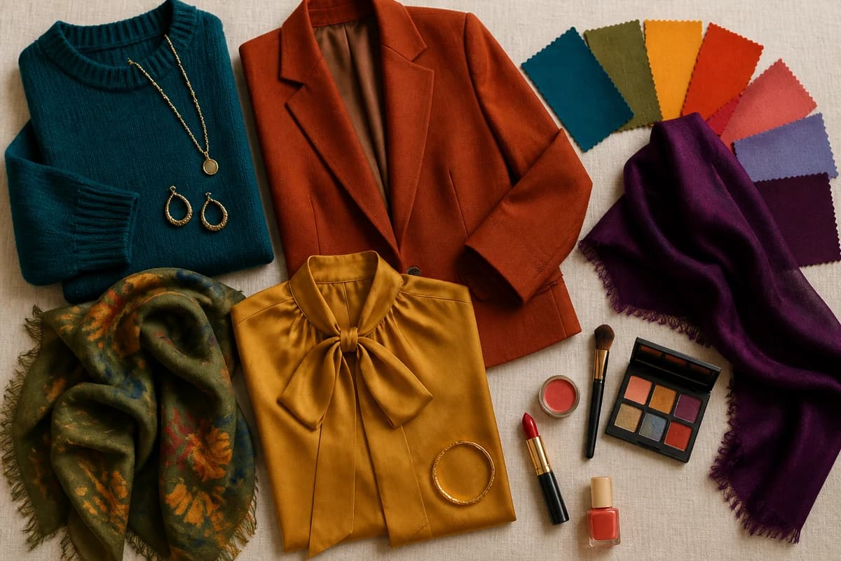 Flat-lay of the best colors for olive skin and brown eyes, teal, terracotta, olive, mustard, cream and warm gold accessories, by ToneLala
