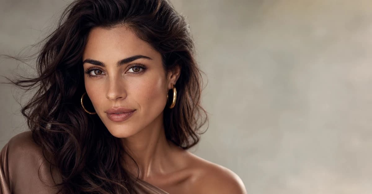 A woman with olive skin and warm brown eyes wearing a flattering teal top with gold jewellery, by ToneLala