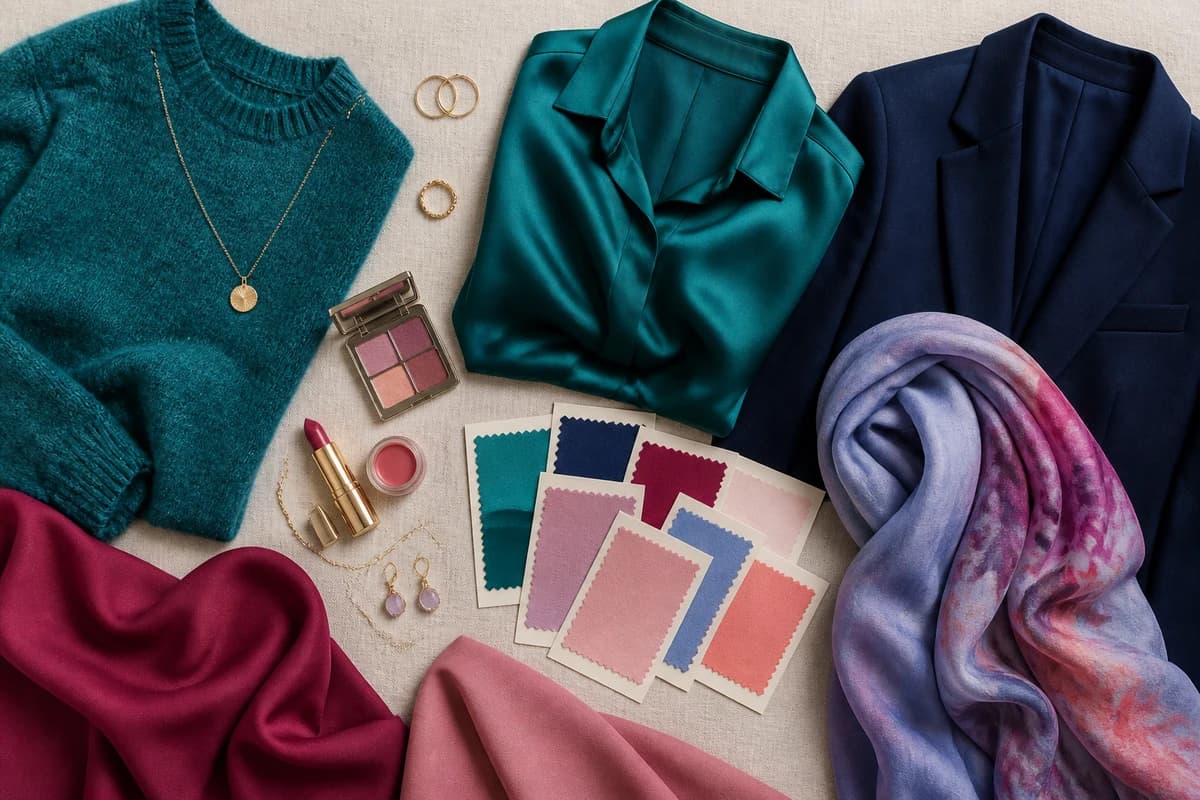 A flat-lay of the best colors for pale skin, teal, soft navy, emerald, berry, lavender and dusty rose pieces, by ToneLala