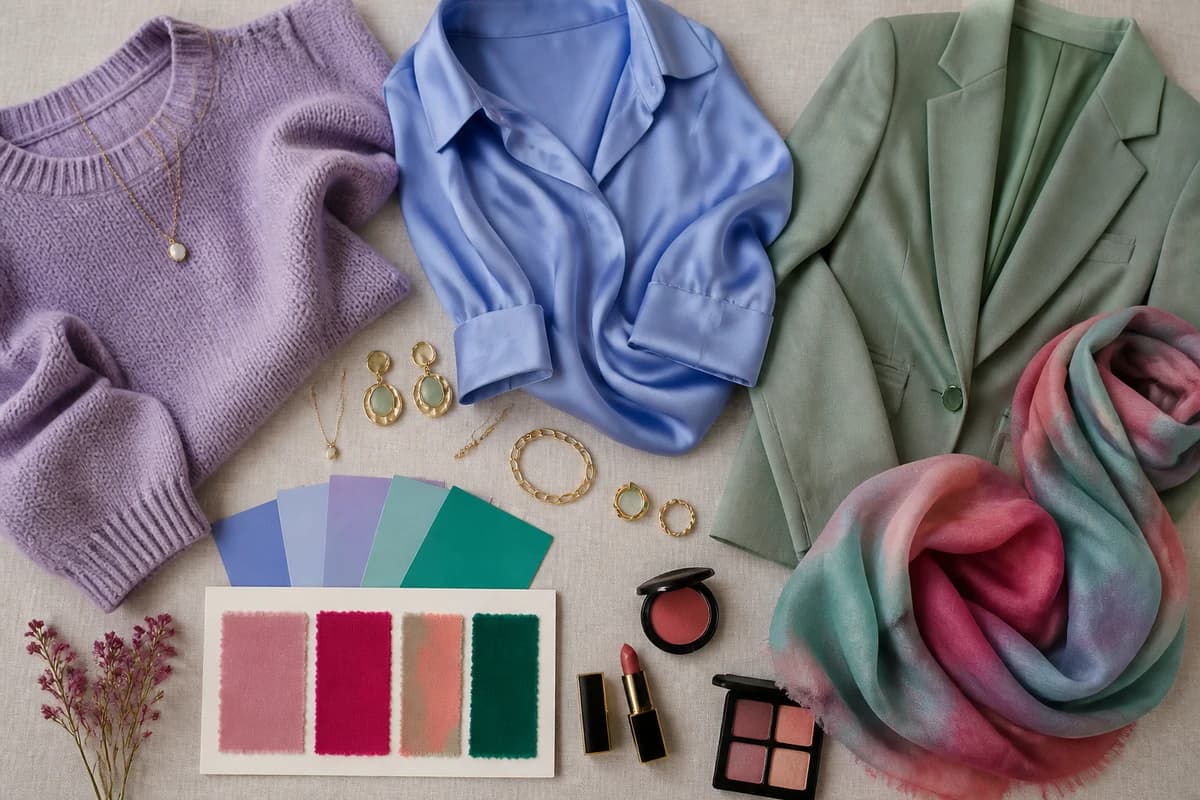 A flat-lay of the best colors for pale skin and blonde hair, periwinkle, soft teal, dusty rose, sage and lavender pieces, by ToneLala