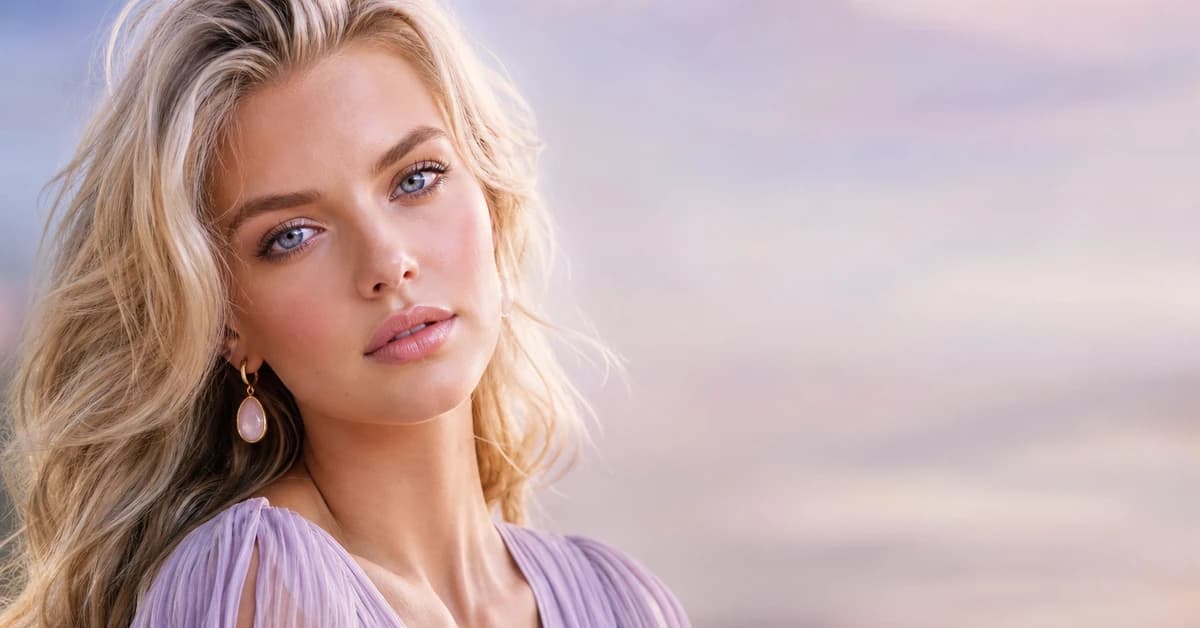 A woman with pale skin and blonde hair wearing a soft periwinkle top and flattering cool colours, by ToneLala