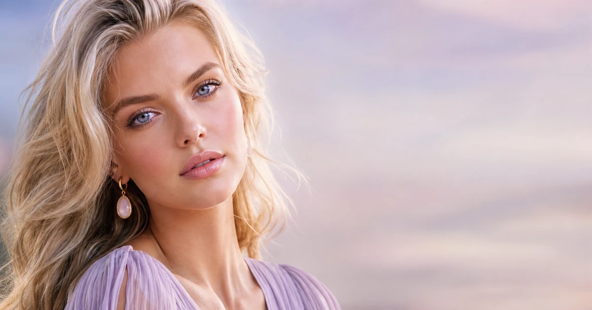 A woman with pale skin and blonde hair wearing a soft periwinkle top and flattering cool colours, by ToneLala