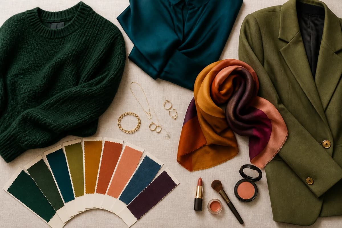 A flat-lay of the best colors for red hair, forest green, teal, olive, rust, cream and denim-blue pieces, by ToneLala