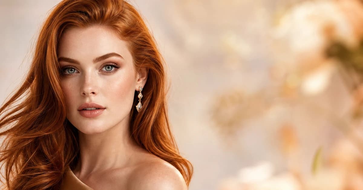 A woman with red hair wearing a forest-green top and flattering warm colours, by ToneLala
