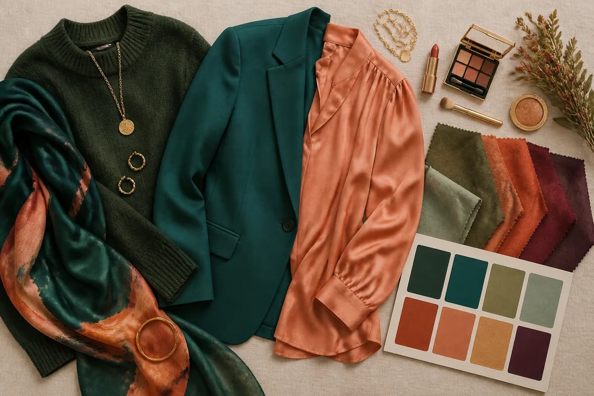 A flat-lay of the best colors for red hair and green eyes, forest green, teal, olive, rust, peach and cream pieces with accessories, by ToneLala