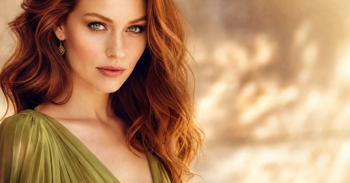A woman with red hair and green eyes wearing a flattering forest-green top with warm gold jewellery, by ToneLala