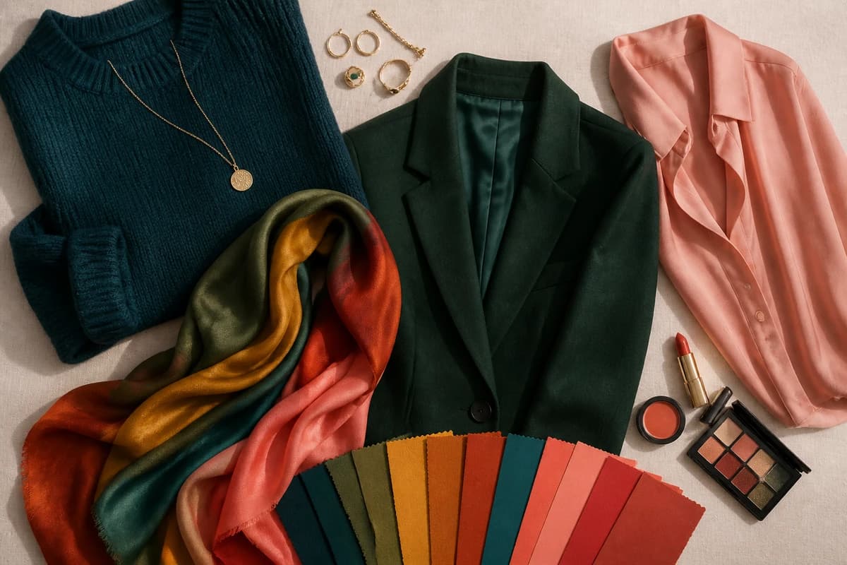 A flat-lay of the best colors for tan skin, teal, rust, olive, coral and cream, with warm gold accessories, by ToneLala