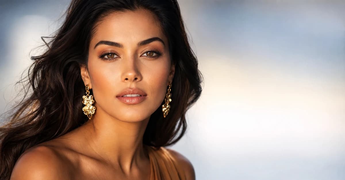 A woman with warm tan skin wearing a flattering teal knit and gold jewellery, by ToneLala