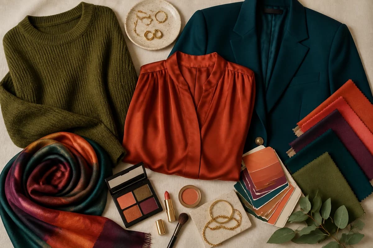 A flat-lay of the best colors for tan skin and green eyes, olive, teal, rust, gold and cream pieces with accessories, by ToneLala