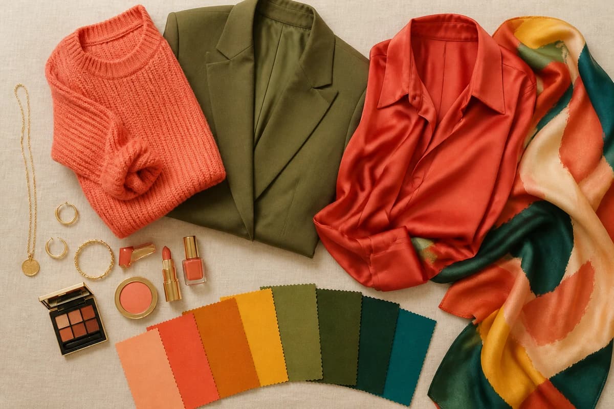 A flat-lay of the best colors for warm undertones, coral, rust, golden yellow, olive and teal pieces with warm cream and camel neutrals, by ToneLala