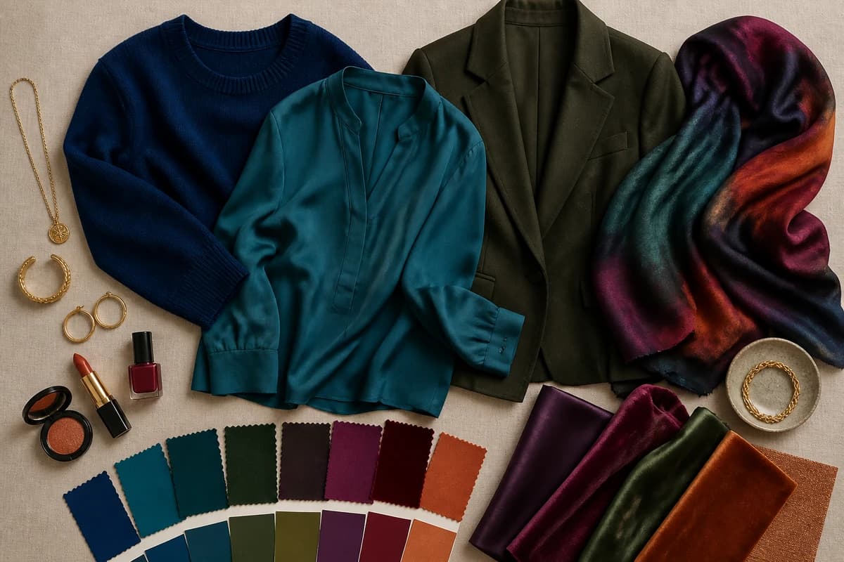 A flat-lay of flattering colors for different eye colors, sapphire, plum, teal, copper, emerald and gold pieces with accessories, by ToneLala