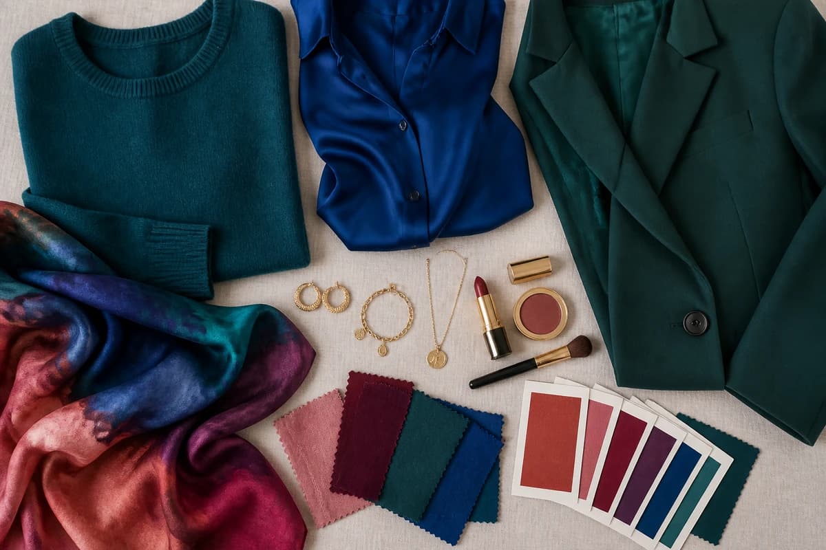 A flat-lay of camera-flattering pieces, teal, sapphire, emerald, plum, ruby and dusty rose tops with gray, navy and taupe neutrals, by ToneLala