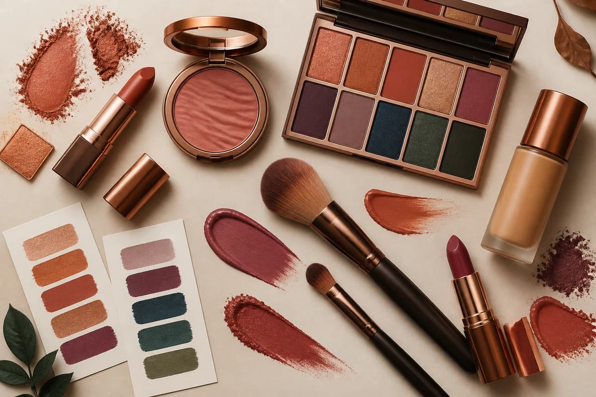 A flat-lay of eyeshadows for every eye color, copper, plum, bronze, teal, gold and aubergine pans with brushes, by ToneLala