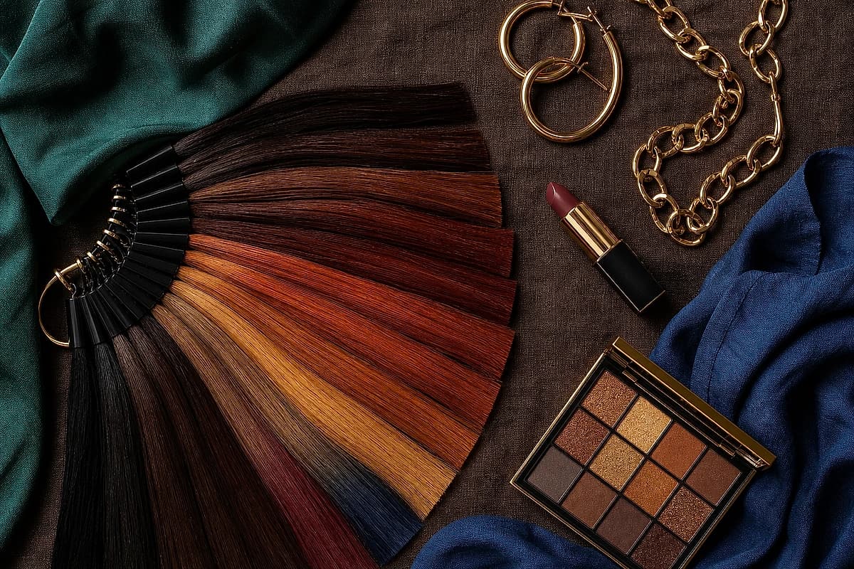 A flat-lay of hair color swatches for dark skin, espresso, mahogany, deep auburn, caramel, honey, copper, burgundy and warm blonde, beside emerald, cobalt and gold accessories, by ToneLala
