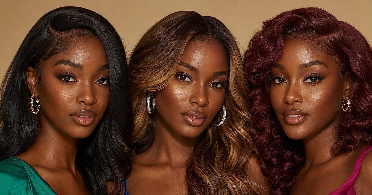 Three women with deep skin tones wearing flattering hair colors, glossy espresso, warm honey-caramel balayage and rich burgundy, glowing in soft daylight, by ToneLala
